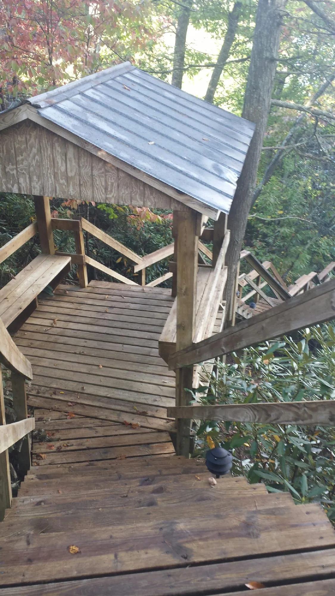 Metal roofed shelter over wooden steps on a wooded walkway — Skylight Repair & Installation work by our crew in Iva